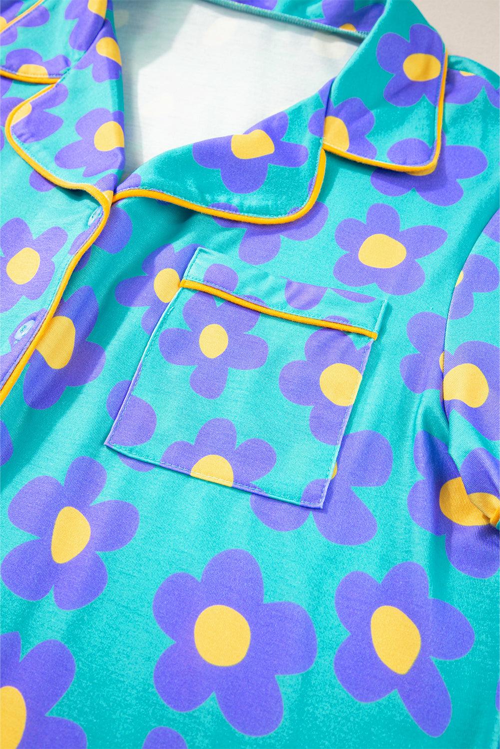 Green Flower Print Short Sleeve Shirt Pajamas Set - L & M Kee, LLC