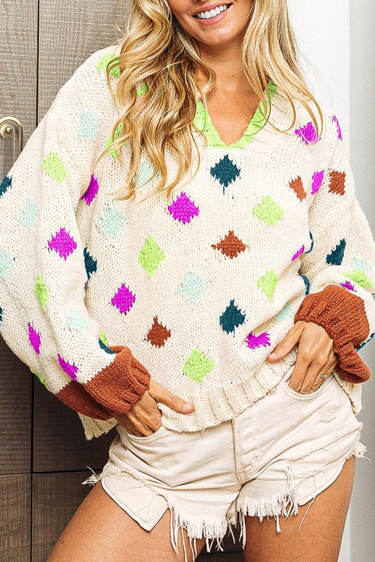 White Rhombus Pattern Colorblock V Neck Hooded Sweater - L & M Kee, LLC