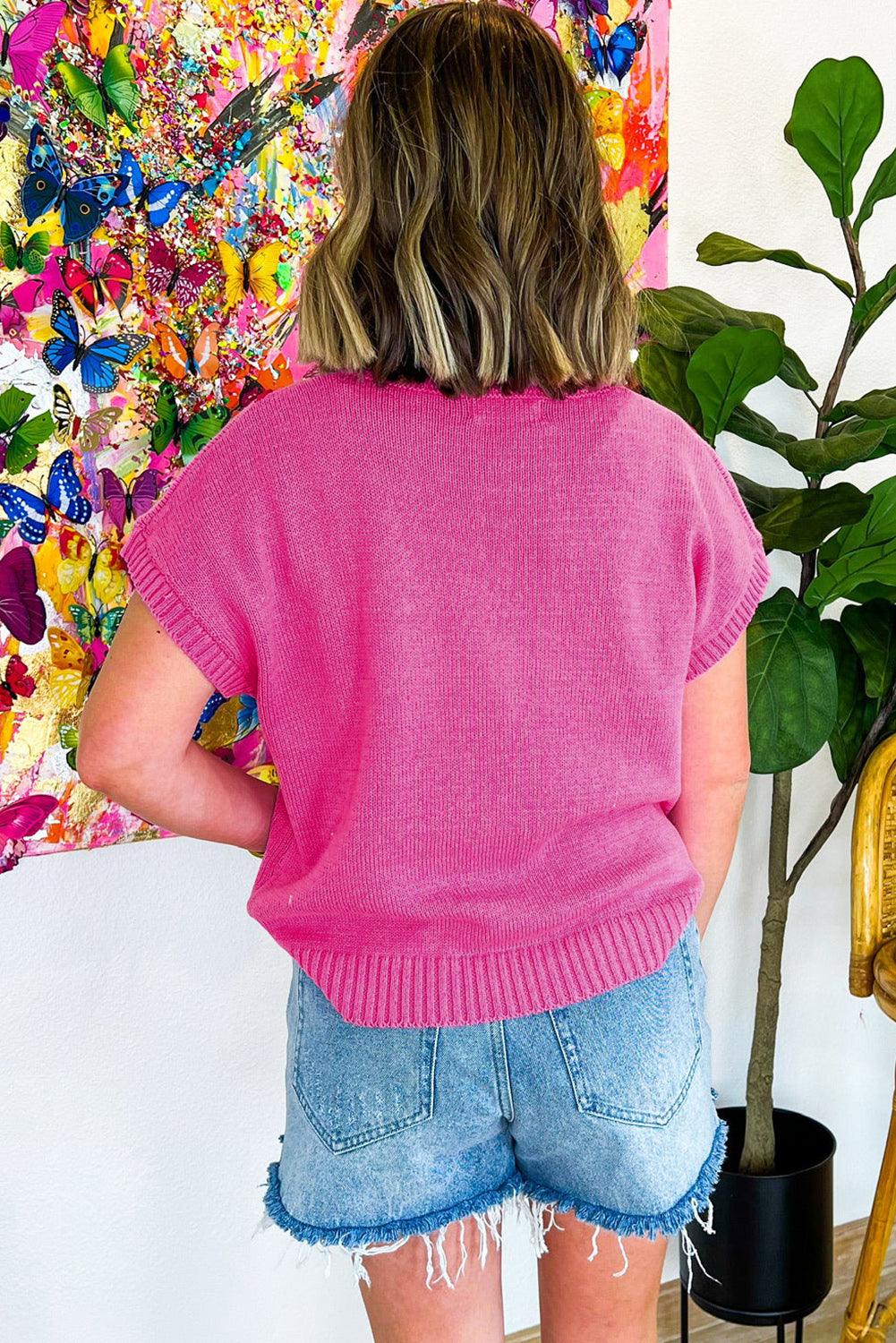 Bright Pink Corded Flower Embroidery Short Sleeve Knitwear Top - L & M Kee, LLC