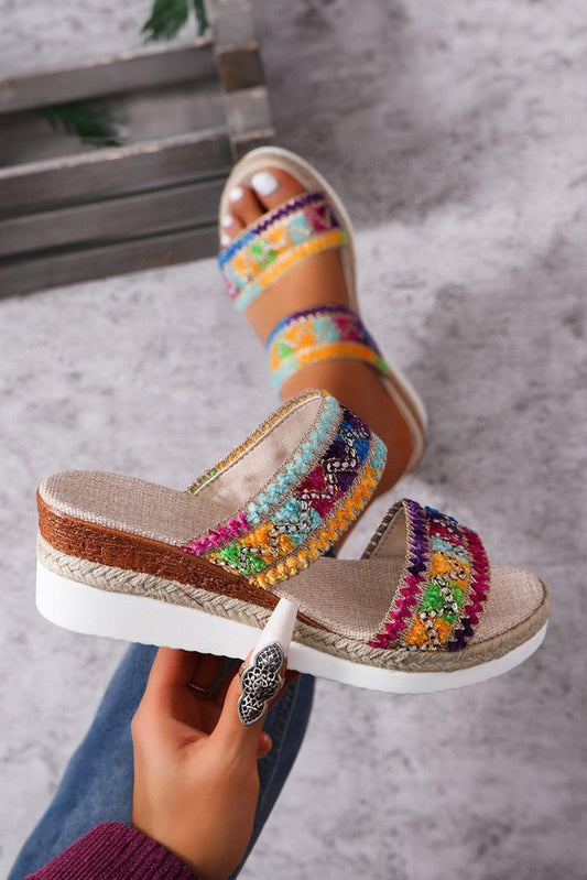 Multicolour Crochet Dual Band Wedge Slippers