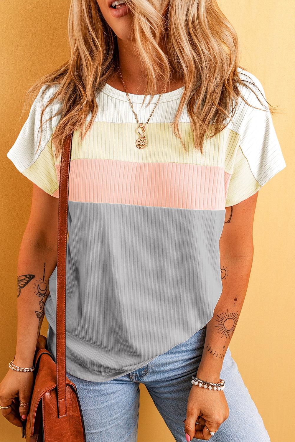 Gray Ribbed Color Block Patchwork T-shirt - L & M Kee, LLC