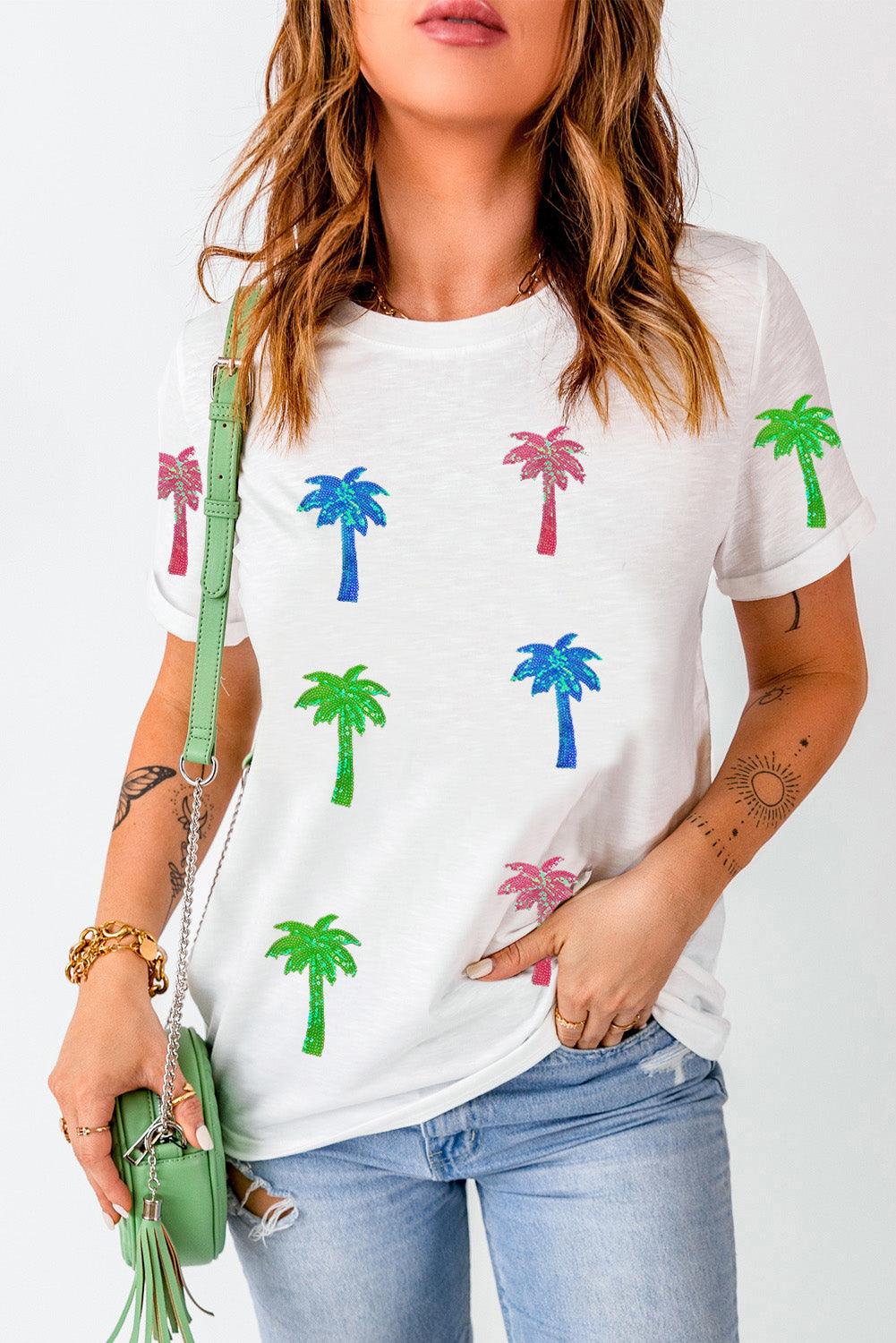 White Sequin Coconut Tree Graphic T Shirt