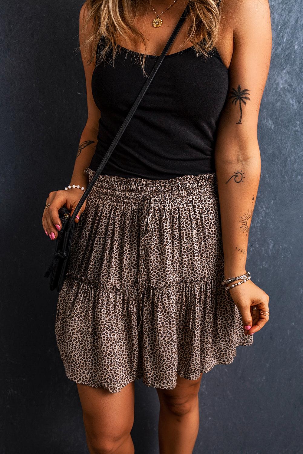 Leopard Drawstring Frilly Short Skirt - L & M Kee, LLC