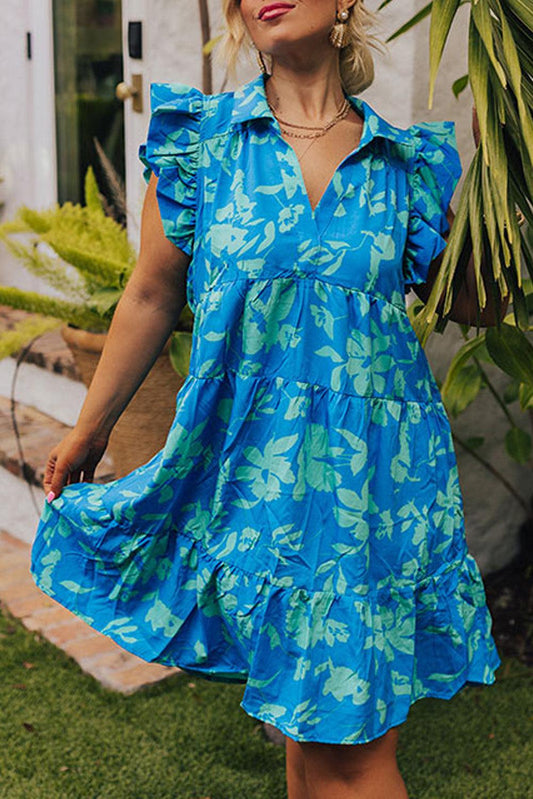 Sky Blue Plus Size Floral Print Flutter Sleeve Buttoned Mini Dress - L & M Kee, LLC
