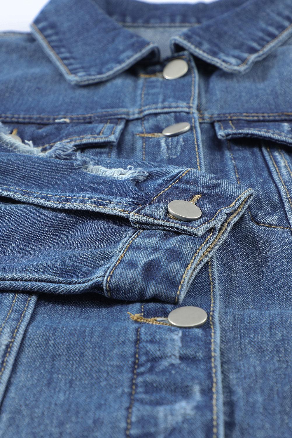 Blank Apparel - Blue Lapel Distressed Raw Hem Buttons Denim Jacket - L & M Kee, LLC
