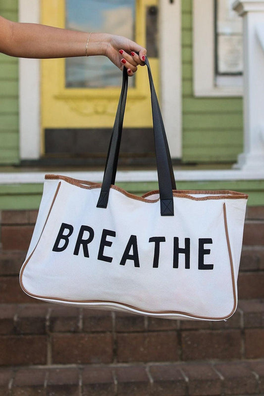 White Vacation BREATHE Contrast Trim Large Tote Bag - L & M Kee, LLC