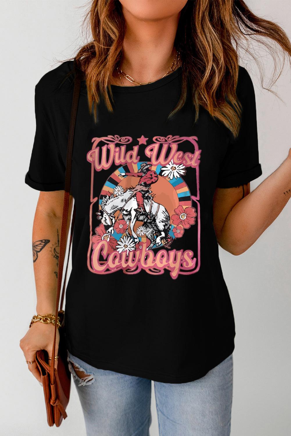 Black Wild West Cowboys Floral Horse Graphic T Shirt - L & M Kee, LLC