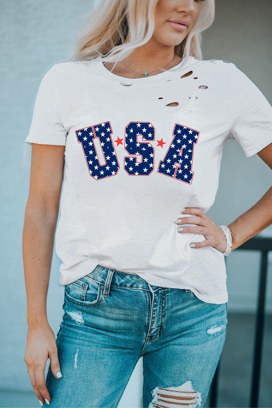 White Star USA Graphic Ripped Detail T Shirt - L & M Kee, LLC
