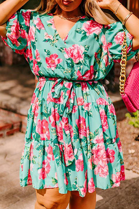 Green Floral Bubble Sleeve Surplice Ruffled Plus Size Dress