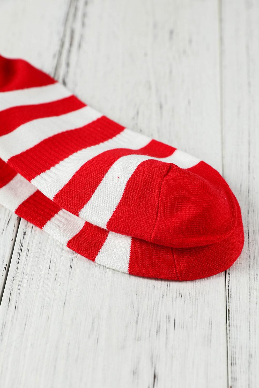 Fiery Red Star and Striped Print Ribbed Knit Crew Socks - L & M Kee, LLC
