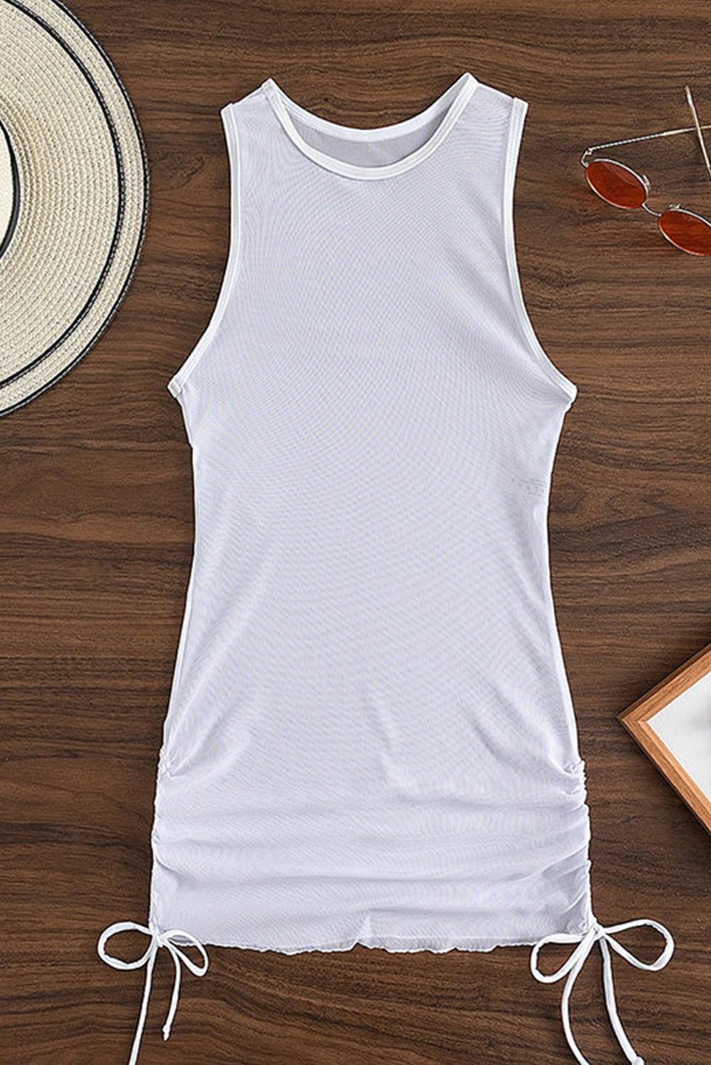 White See-through Drawstring Sides Sleeveless Beach Dress - L & M Kee, LLC