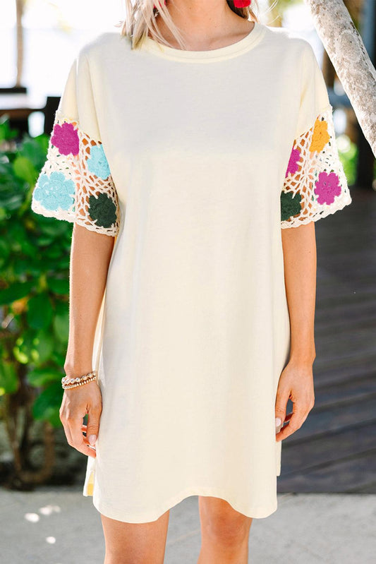 White Floral Crochet Splicing Sleeve T Shirt Dress - L & M Kee, LLC