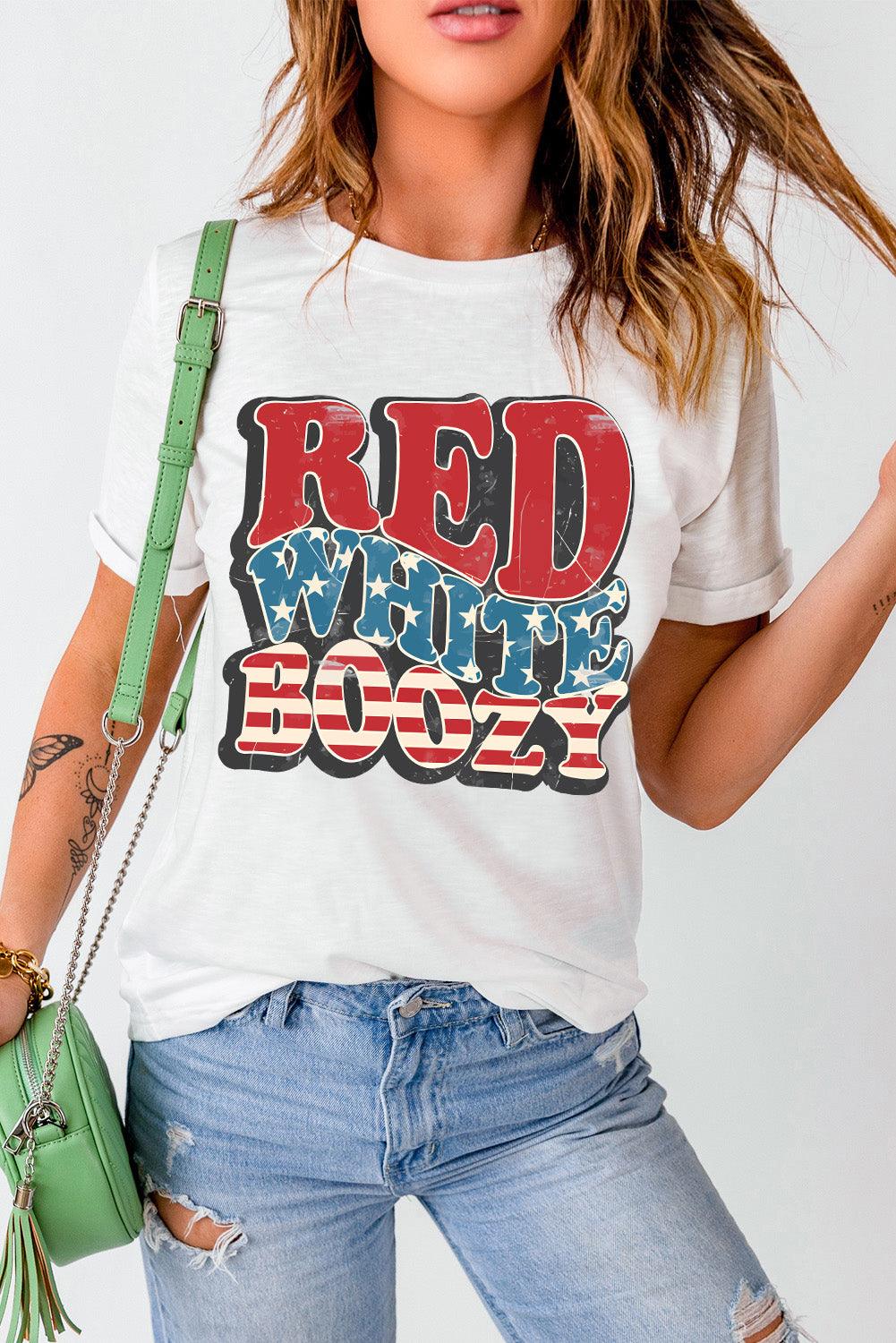 White RED WHITE BOOZY Stars and Stripes Graphic T Shirt - L & M Kee, LLC