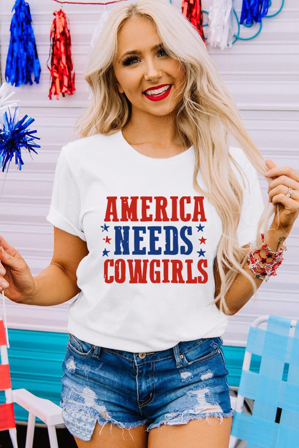 White America Needs Cowgirls Crew Neck Graphic Tee - L & M Kee, LLC