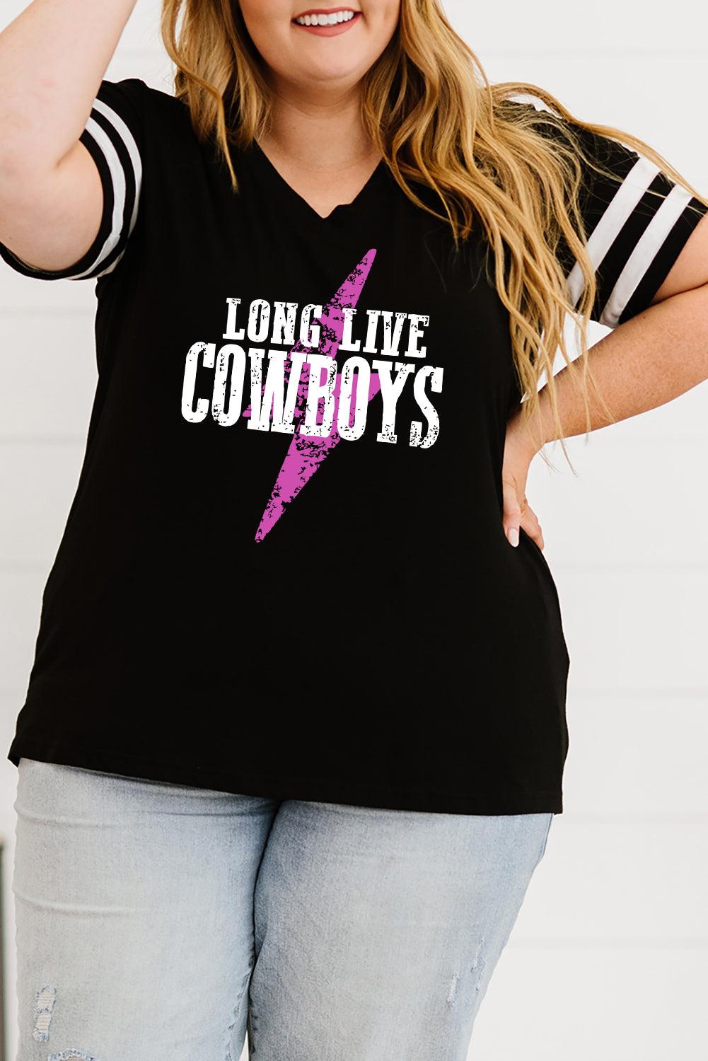 Black LONG LIVE COWBOYS Varsity Striped Sleeve Plus V Neck Tee - L & M Kee, LLC