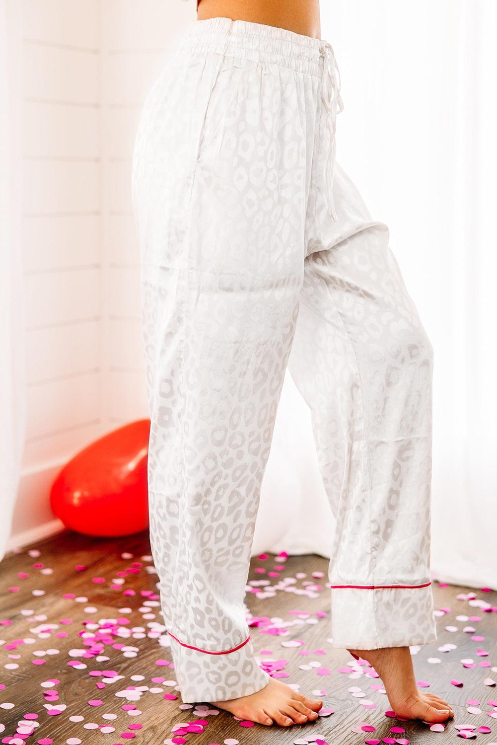 White 2pcs Leopard Satin Long Sleeve Pajamas Set - L & M Kee, LLC