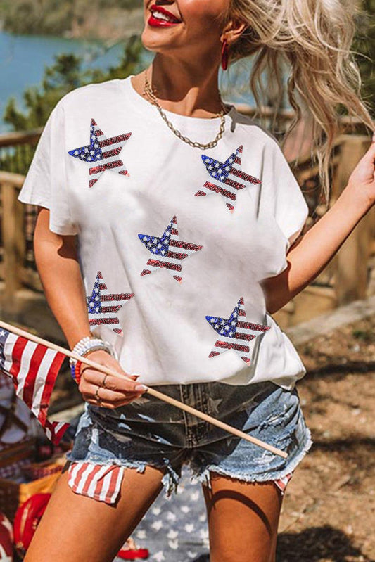 White Sequined American Flag Star Graphic T Shirt - L & M Kee, LLC