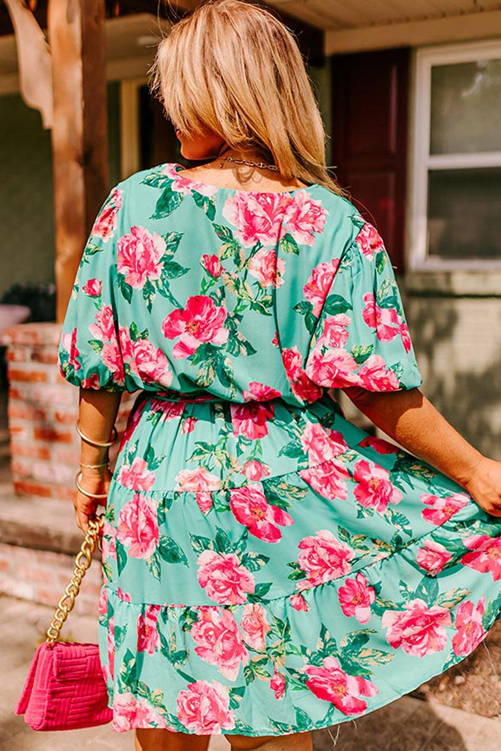 Green Floral Bubble Sleeve Surplice Ruffled Plus Size Dress - L & M Kee, LLC
