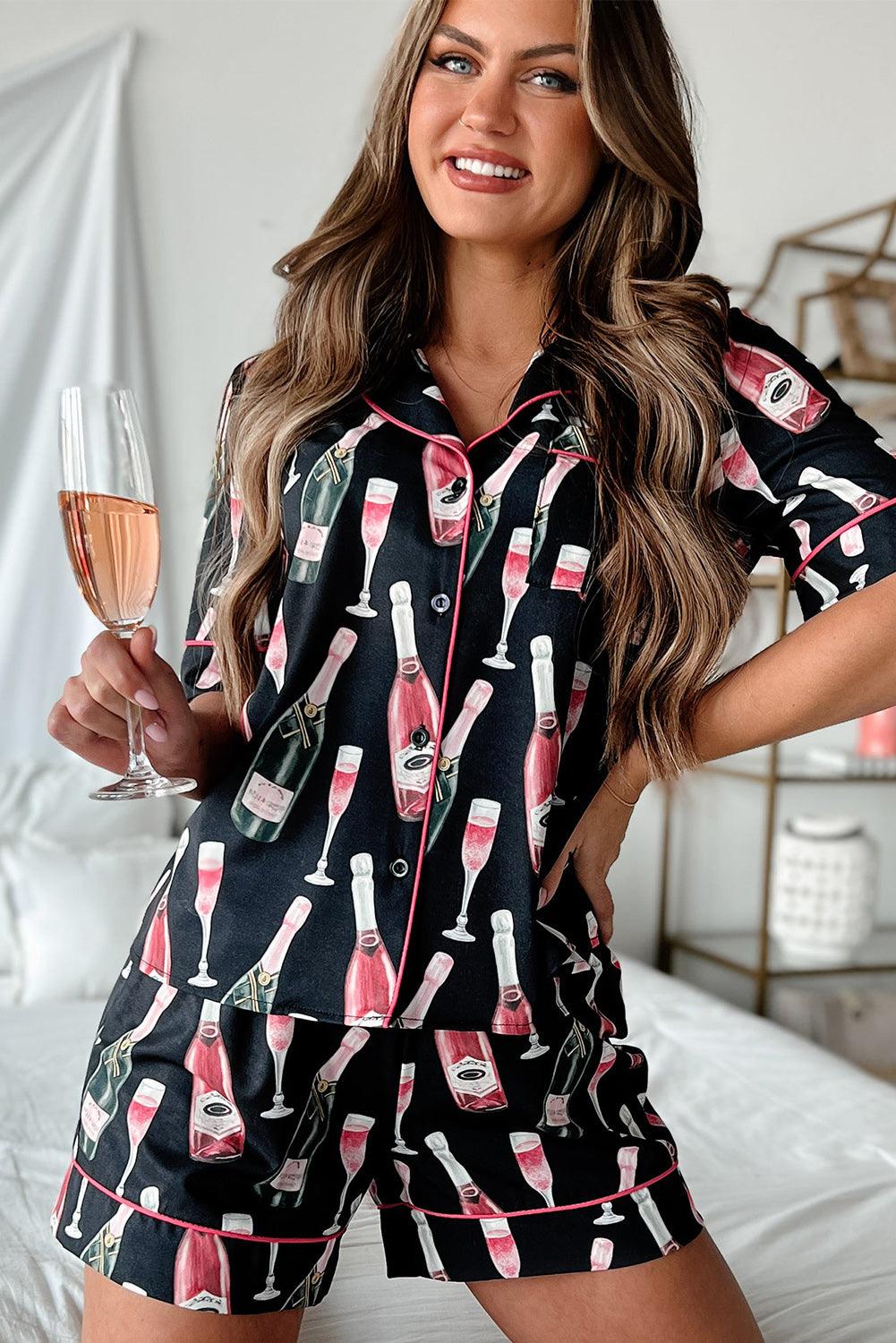 Black Champagne Print Silky Short Sleeve Pajamas Set - L & M Kee, LLC