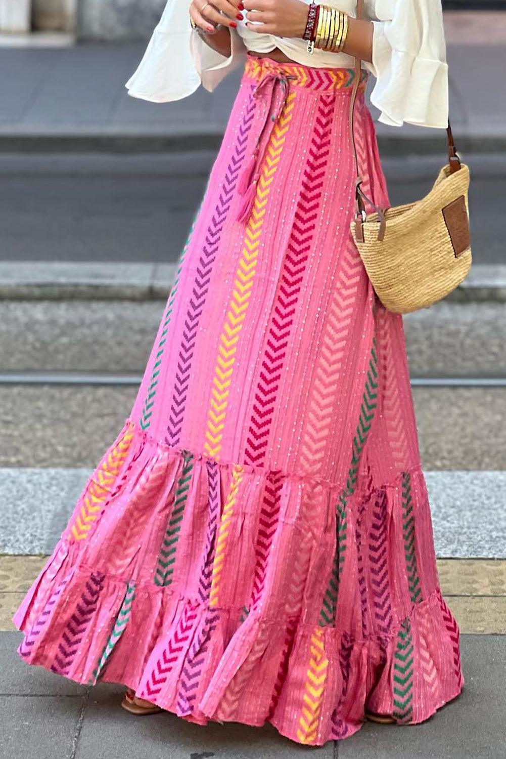 Pink Boho Printed Tasseled Drawstring Ruffled Maxi Skirt - L & M Kee, LLC
