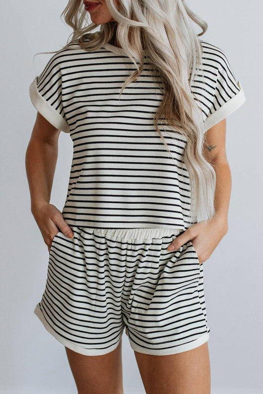 White Stripe Contrast Edge Tee and Shorts Set - L & M Kee, LLC