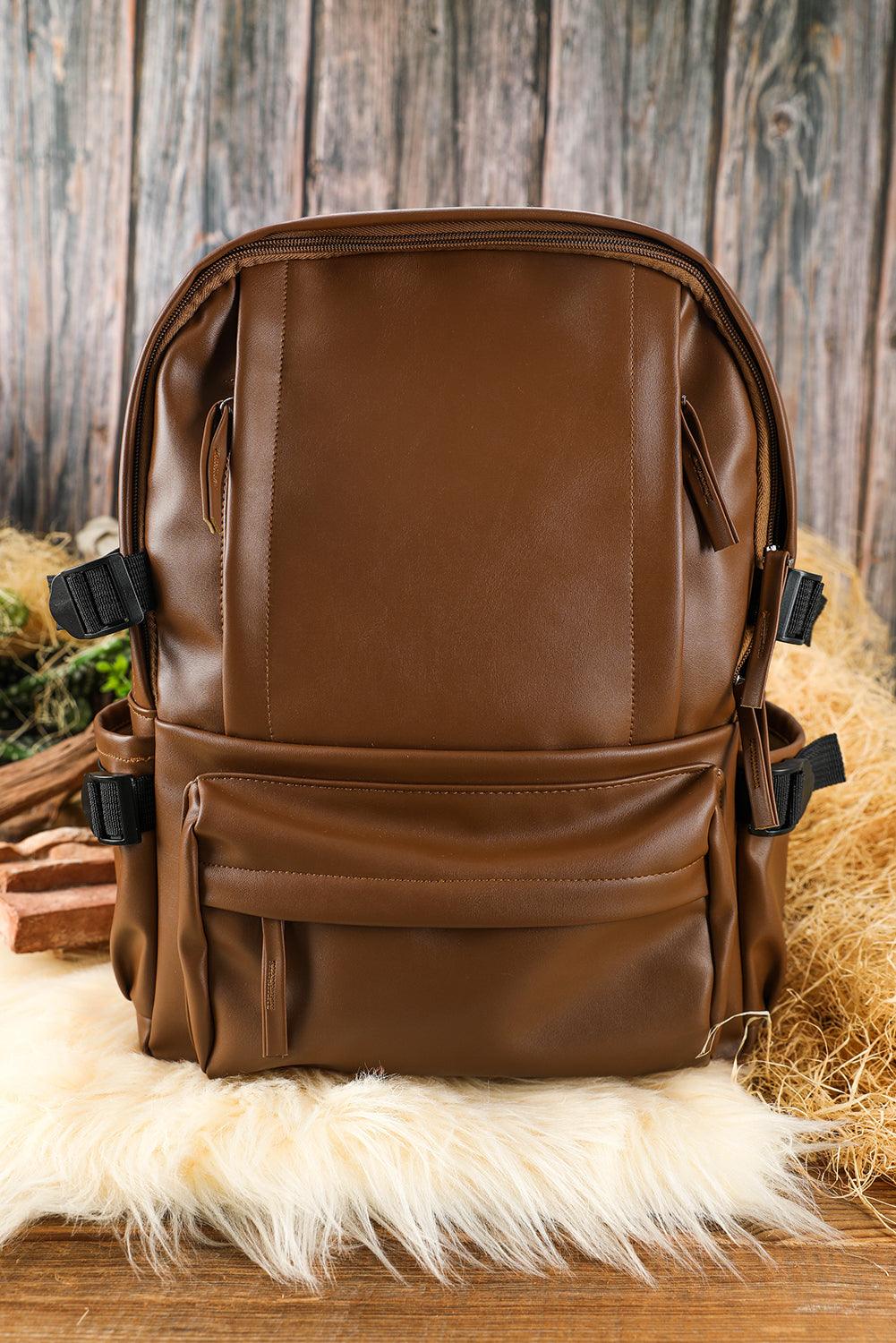 Chestnut Faux Leather Zipped Large Capacity Backpack - L & M Kee, LLC