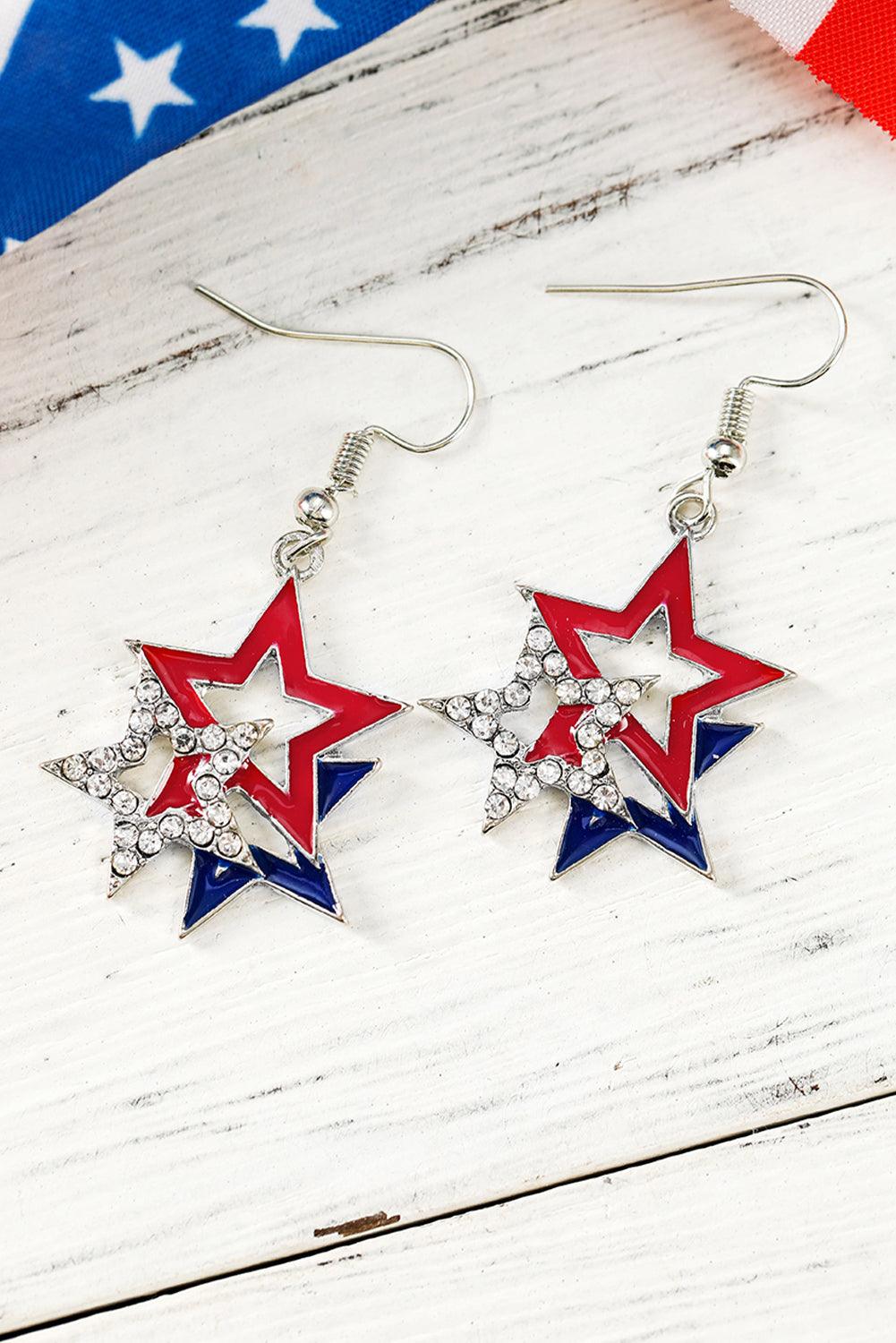 Fiery Red American Flag Rhinestone Star Dangle Earrings - L & M Kee, LLC