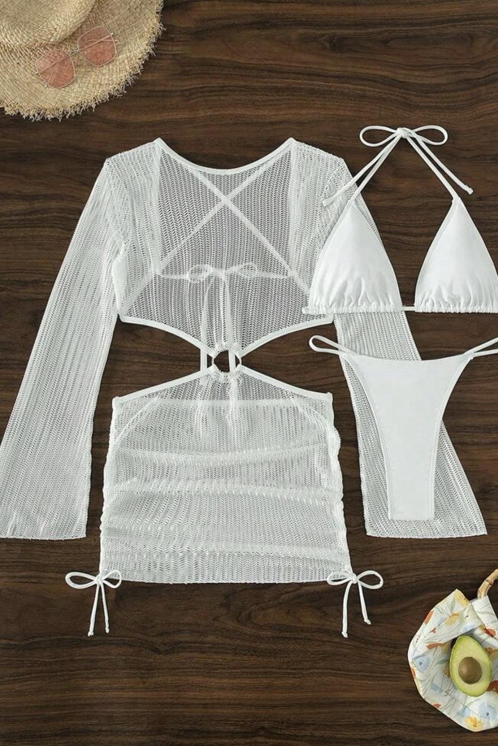 White 3pcs Micro Bikini with O-ring Backless Crochet Dress Cover up - L & M Kee, LLC