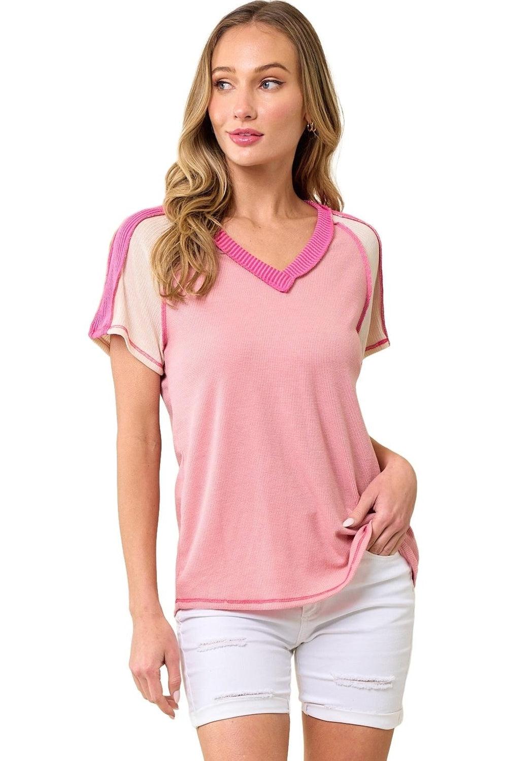 Pink Exposed Seam Color Block Knitted V Neck T-shirt - L & M Kee, LLC
