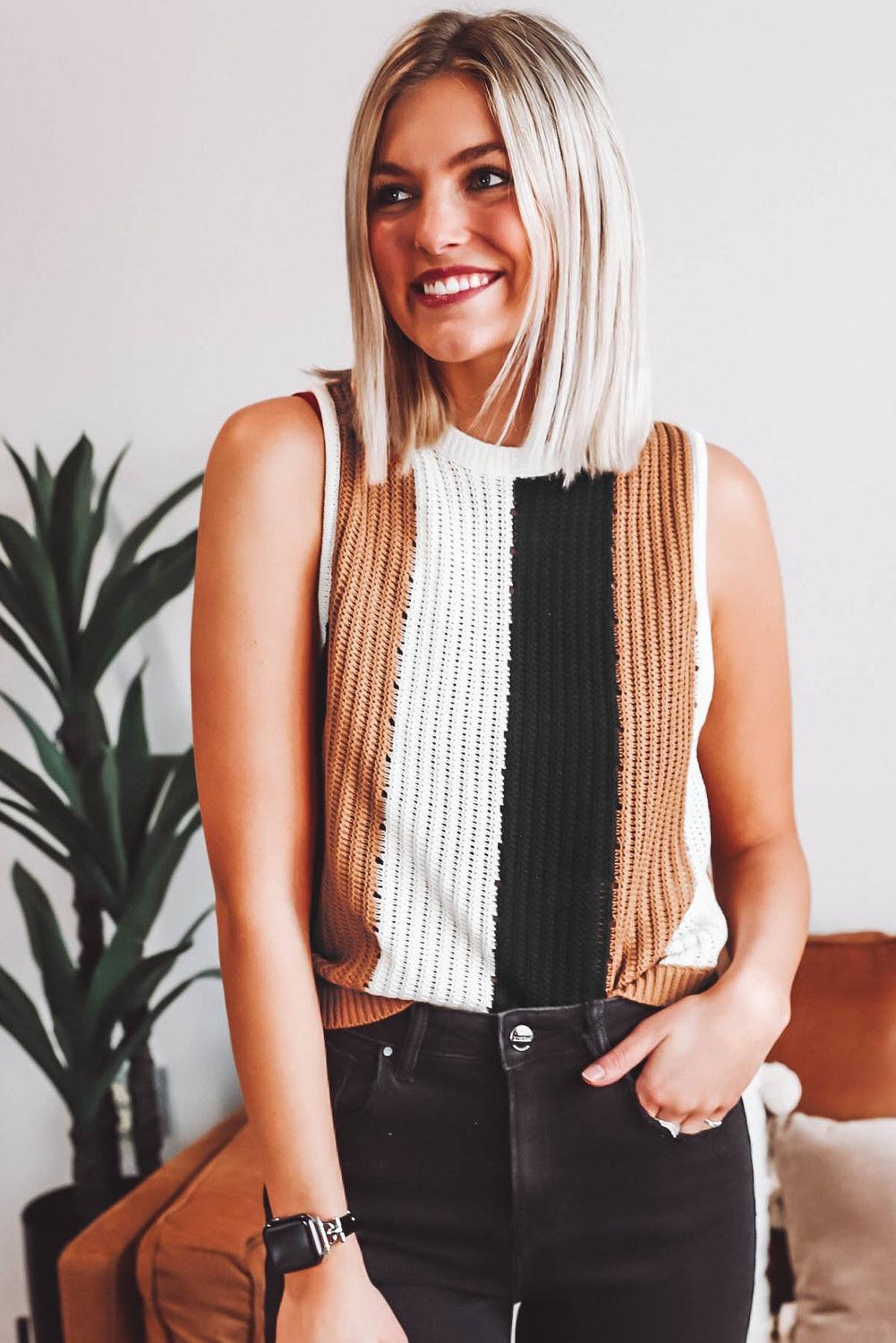 Khaki Stripe Color Block Sleeveless Knitted Sweater Vest - L & M Kee, LLC