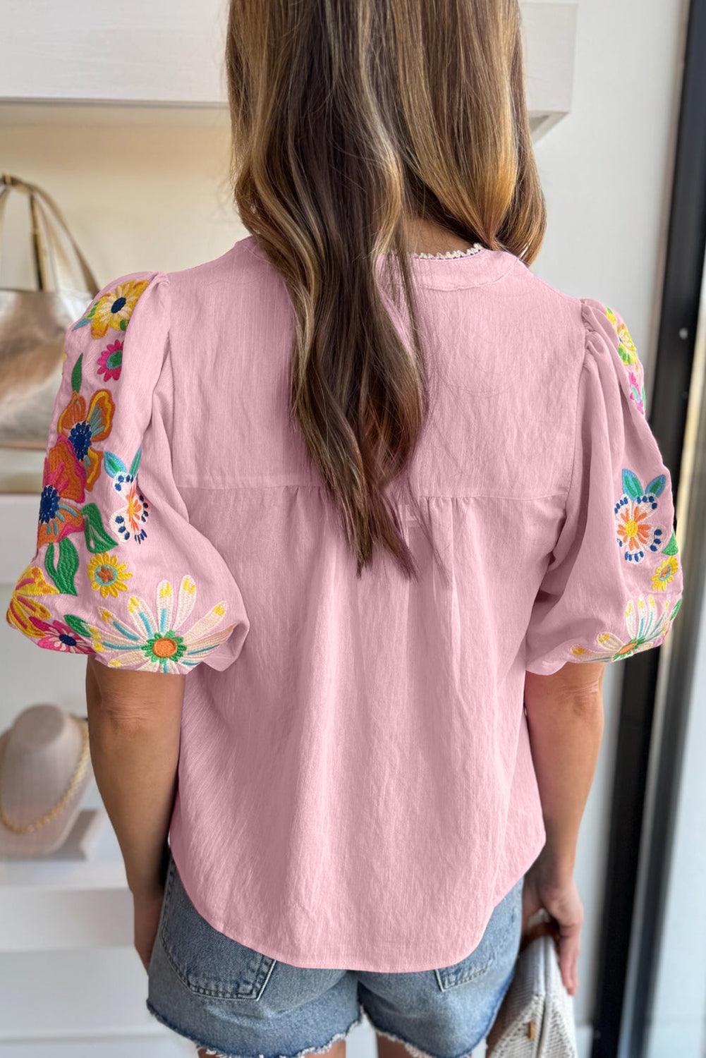 Pink Floral Embroidered Puff Sleeve Split Neck Blouse - L & M Kee, LLC