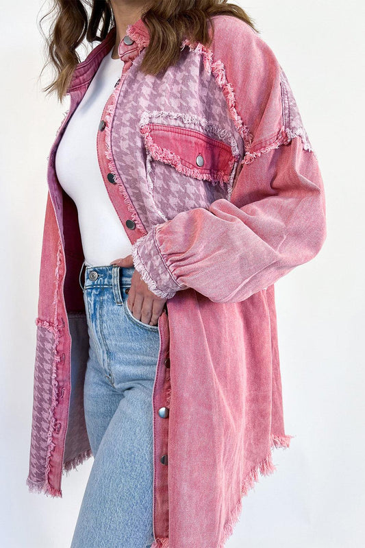 Pink Retro Distressed Houndstooth Patchwork Denim Jacket - L & M Kee, LLC