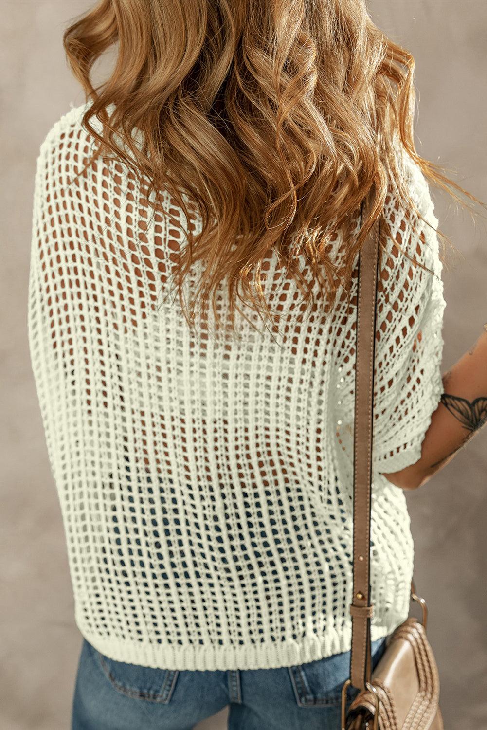 White Crochet Flower Hollow-out Sweater T Shirt - L & M Kee, LLC