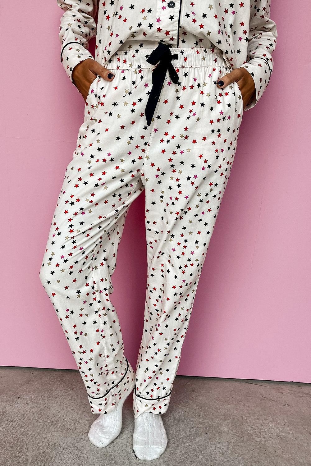 White Contrast Pipping Star Long Sleeve and Pants Pajamas Set - L & M Kee, LLC