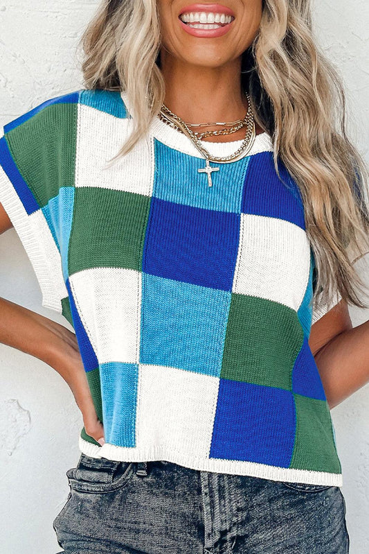 Dark Blue Color Block Cap Sleeve Sweater Tops - L & M Kee, LLC