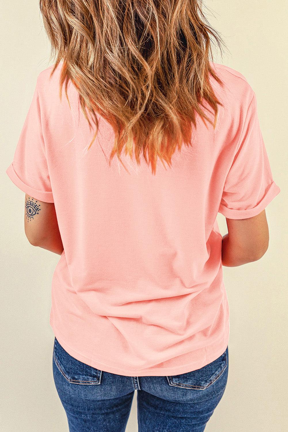 Pink Sequin Shell Graphic Round Neck T Shirt