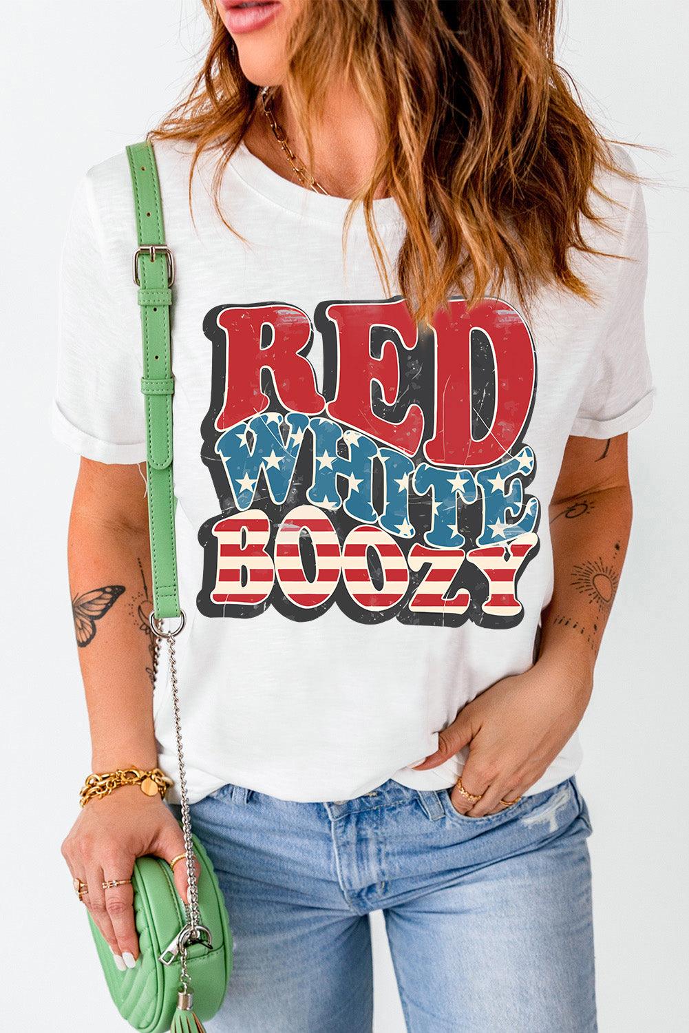 White RED WHITE BOOZY Stars and Stripes Graphic T Shirt - L & M Kee, LLC