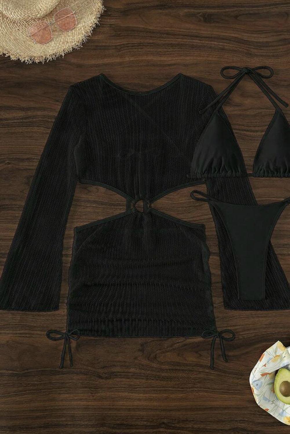 Black 3pcs Micro Bikini with O-ring Backless Crochet Dress Cover up - L & M Kee, LLC
