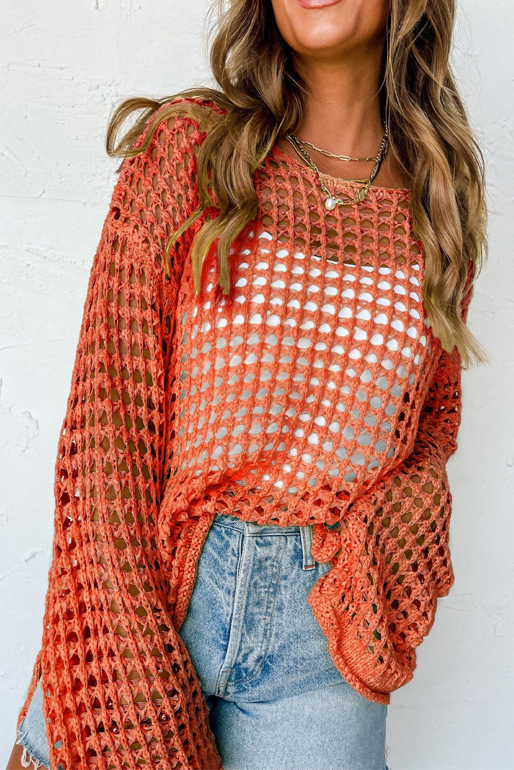 Orange Open Knit Crochet Bell Sleeve Tunic Sweater - L & M Kee, LLC