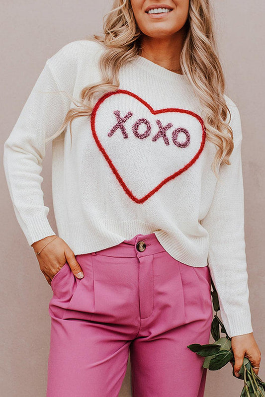 White Heart XOXO Pattern Drop Shoulder Rib Knit Sweater - L & M Kee, LLC