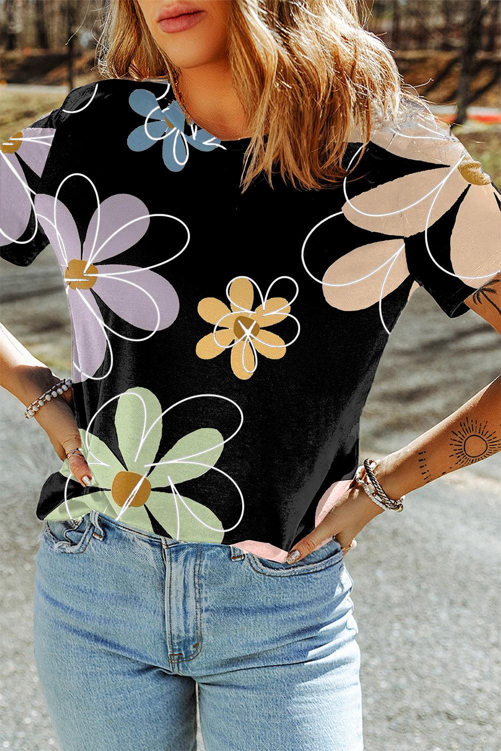 Black Summer Flower Print Casual Round Neck T Shirt - L & M Kee, LLC
