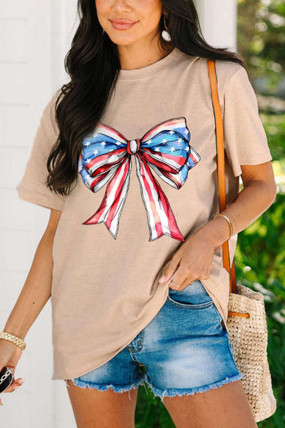 Khaki American Flag Bow Knot Print Round Neck T Shirt - L & M Kee, LLC