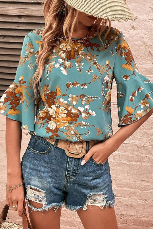 Mineral Blue Flare Sleeve Floral Blouse - L & M Kee, LLC