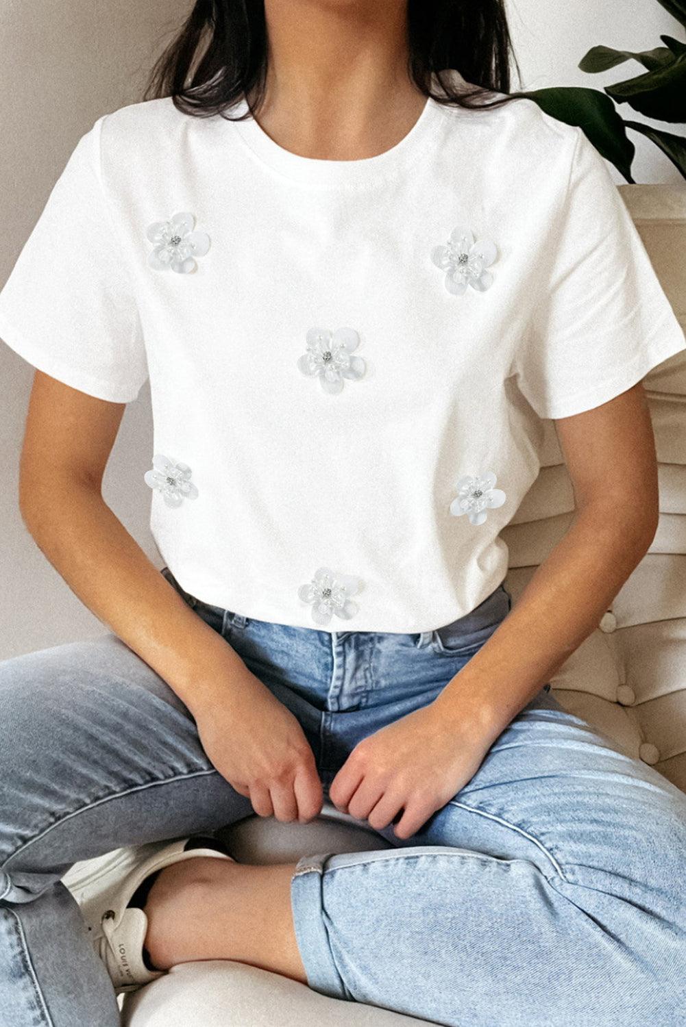 White Flower Applique Round Neck T-shirt - L & M Kee, LLC