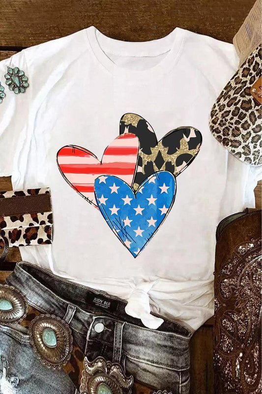 White Stars Stripe Leopard Heart Shape Graphic T Shirt - L & M Kee, LLC