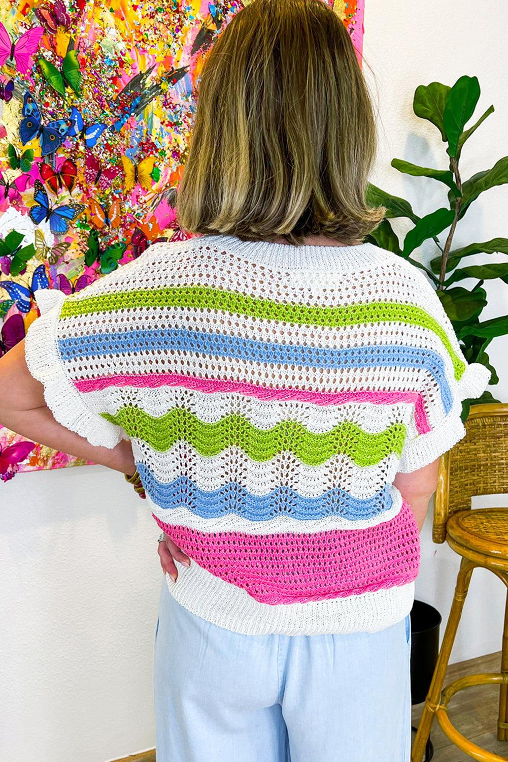 White Colorblock Crochet Knit Ruffled Short Sleeve Sweater Top - L & M Kee, LLC