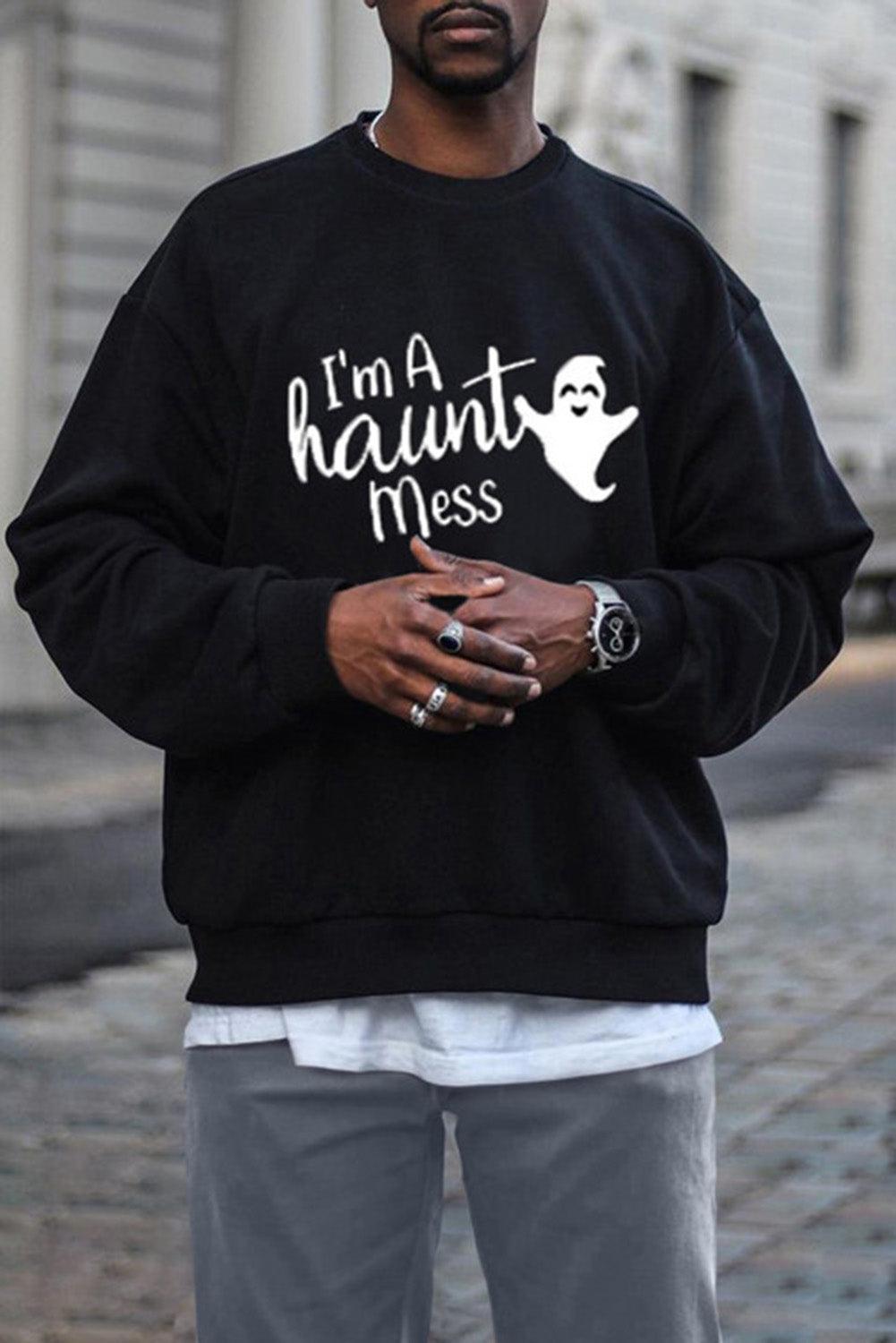 Halloween Letter Ghost Print Crew Neck Men's Sweatshirt - L & M Kee, LLC