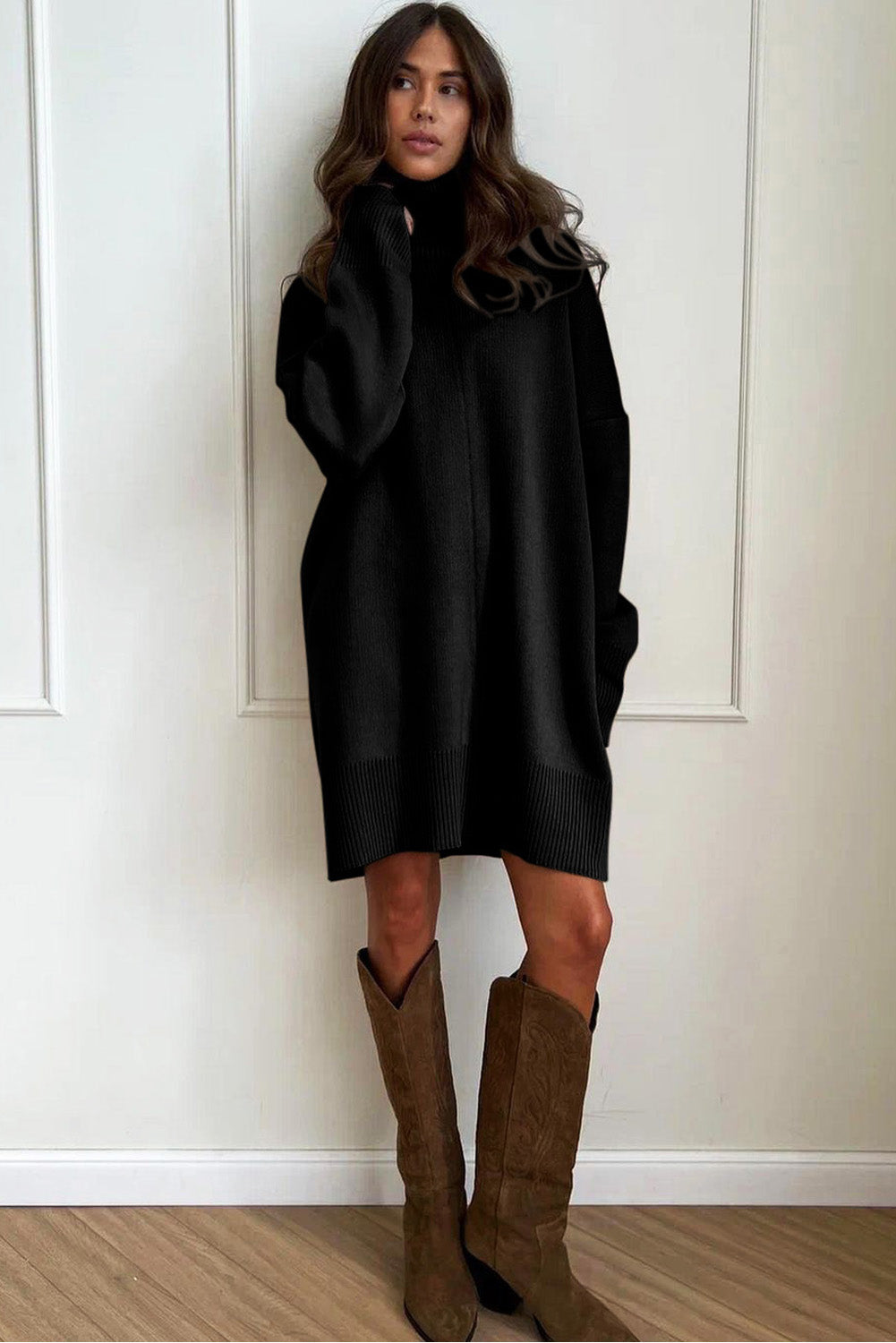 Gold Flame Solid Color Turtleneck Drop Shoulder Loose Sweater Dress