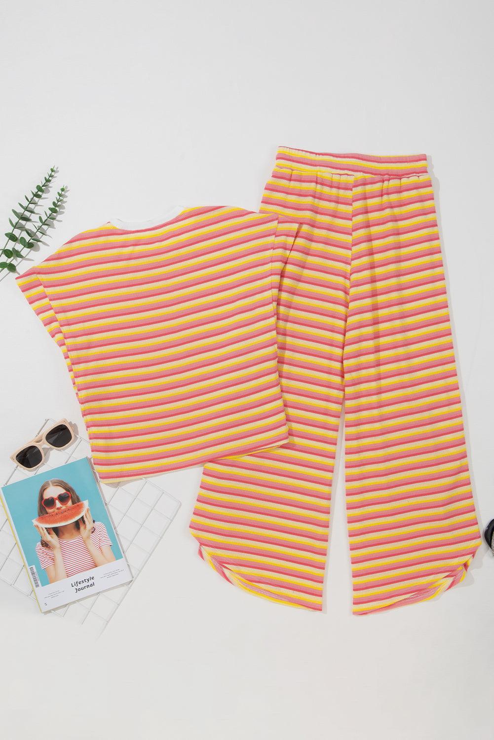 Yellow Stripe Rainbow Tee Tasseled String Wide Leg Pants Set - L & M Kee, LLC