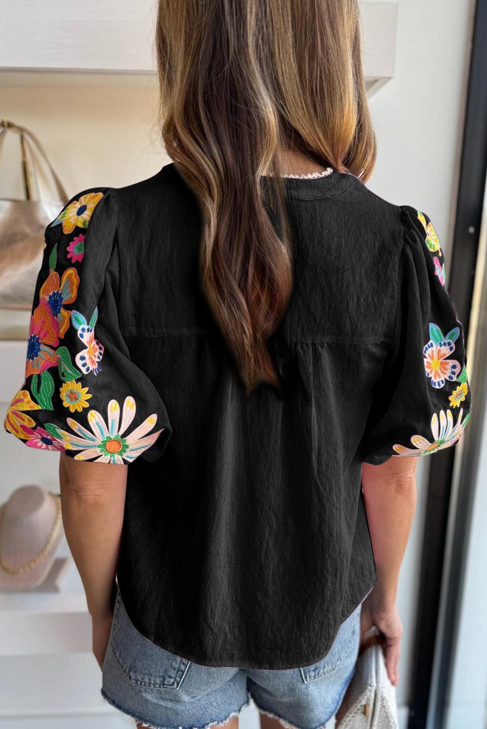 Black Floral Embroidered Puff Sleeve Split Neck Blouse - L & M Kee, LLC
